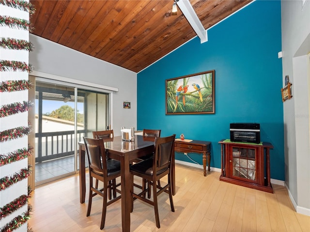 dining area featuring lofted ceiling, wooden ceiling, and wood finished floors