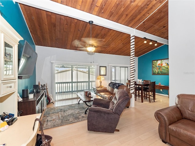 living area featuring a ceiling fan, wooden ceiling, vaulted ceiling with beams, and wood finished floors