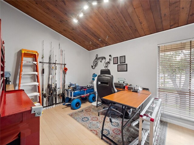 office featuring vaulted ceiling, wooden ceiling, and wood finished floors