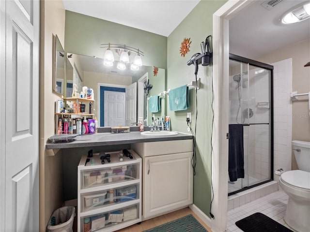 full bathroom with a stall shower, visible vents, vanity, and toilet