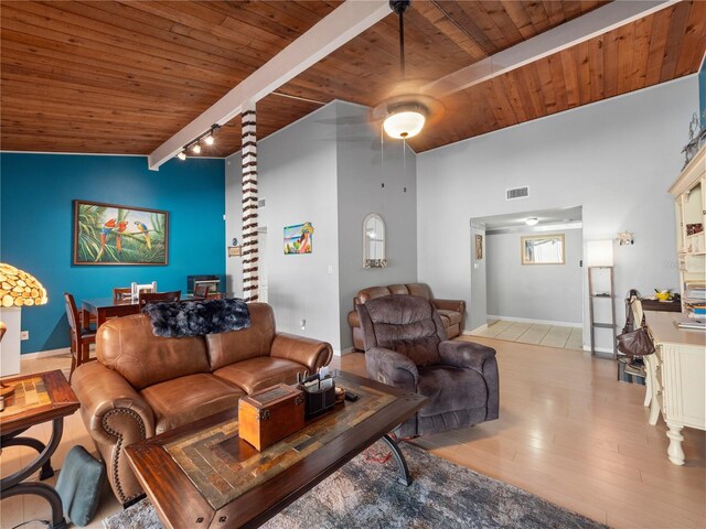 living room with rail lighting, wood ceiling, visible vents, and wood finished floors