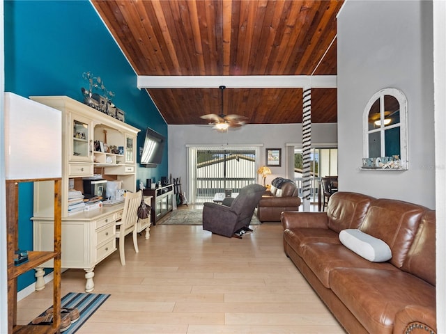 living area featuring high vaulted ceiling, wood ceiling, built in study area, and light wood-style flooring