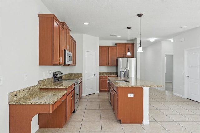 1893 Rafton Rd, Apopka, FL 32703 - kitchen with appliances with stainless steel finishes, brown cabinetry, a sink, and light stone counters