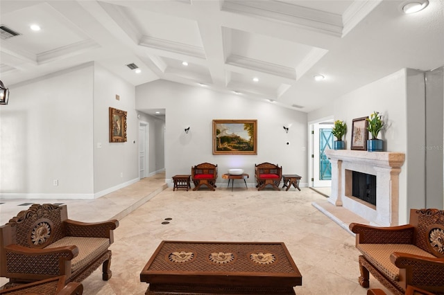 living area with visible vents, baseboards, a premium fireplace, beam ceiling, and recessed lighting