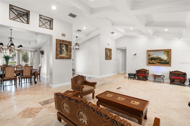 living area featuring beam ceiling, visible vents, an inviting chandelier, coffered ceiling, and baseboards