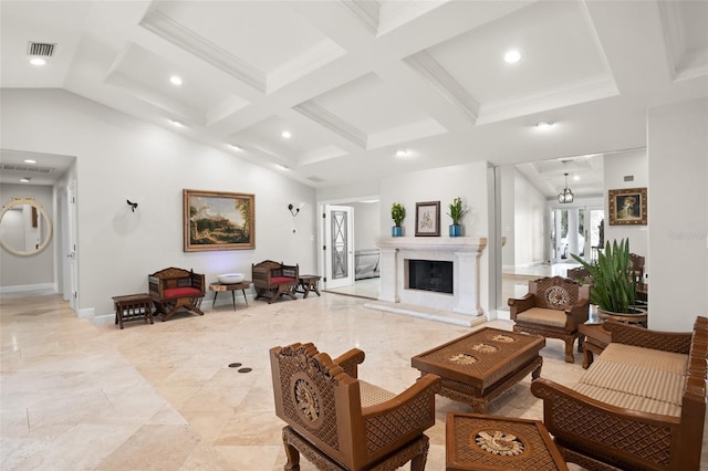 living room with coffered ceiling, beam ceiling, visible vents, and baseboards