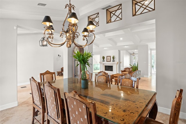 dining room featuring beamed ceiling, coffered ceiling, a fireplace, and baseboards