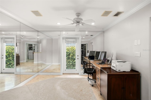 home office with recessed lighting, visible vents, a wealth of natural light, and ornamental molding