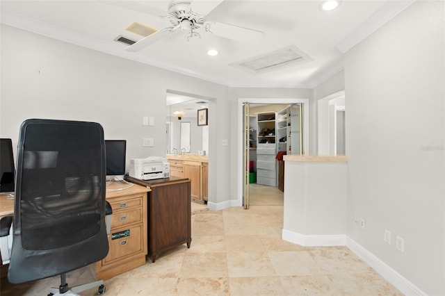 home office with attic access, visible vents, crown molding, and baseboards