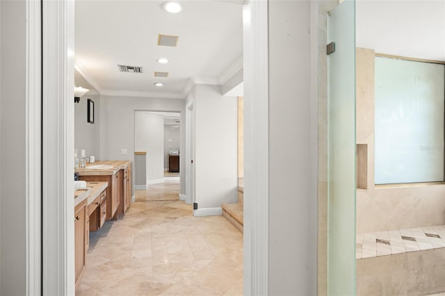 full bathroom featuring visible vents, baseboards, ornamental molding, vanity, and recessed lighting