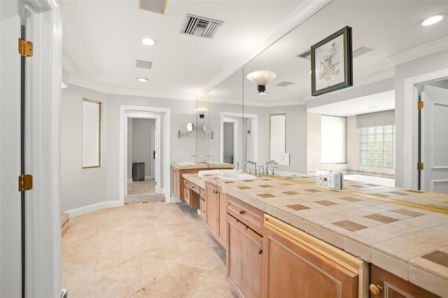 bathroom with double vanity, a sink, visible vents, and crown molding