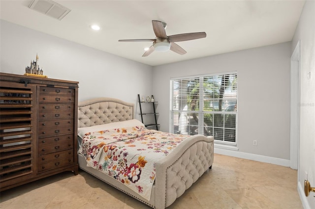 bedroom featuring ceiling fan, light tile patterned floors, recessed lighting, visible vents, and baseboards