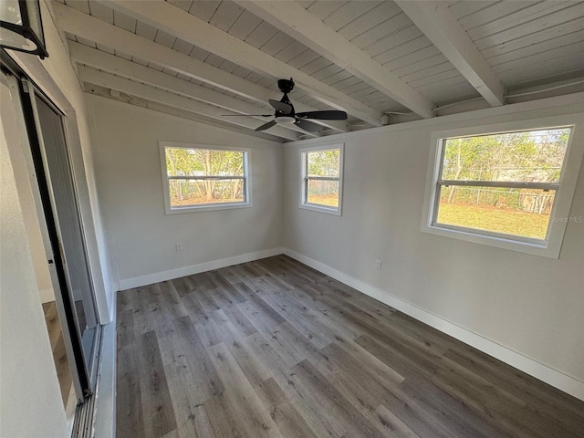 empty room featuring vaulted ceiling with beams, wood ceiling, baseboards, and wood finished floors