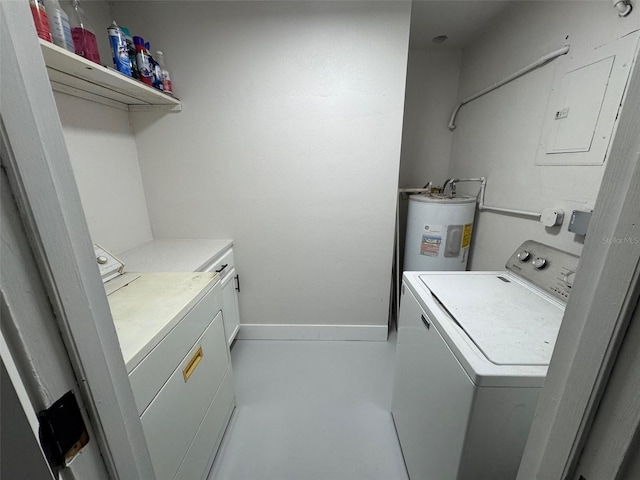 laundry room featuring laundry area, water heater, baseboards, and washing machine and clothes dryer