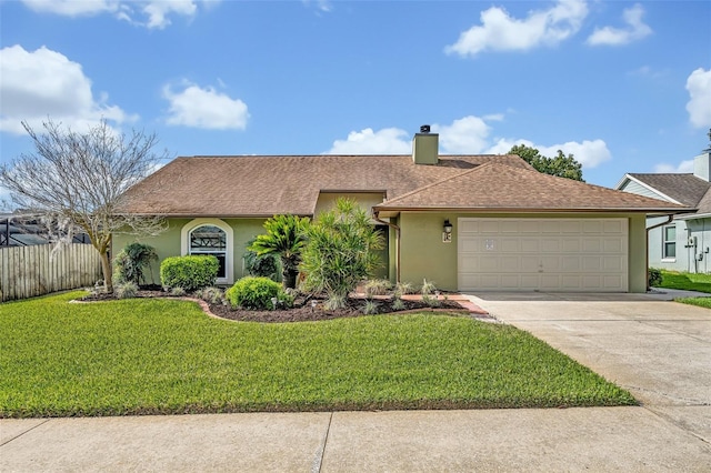 single story home featuring an attached garage, driveway, a front lawn, and stucco siding