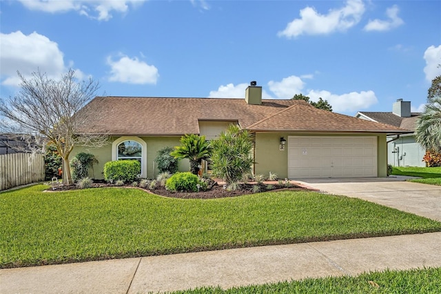 single story home featuring a garage, a front yard, concrete driveway, and stucco siding