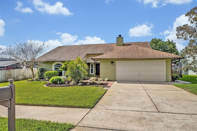 ranch-style house with stucco siding, an attached garage, fence, driveway, and a front lawn