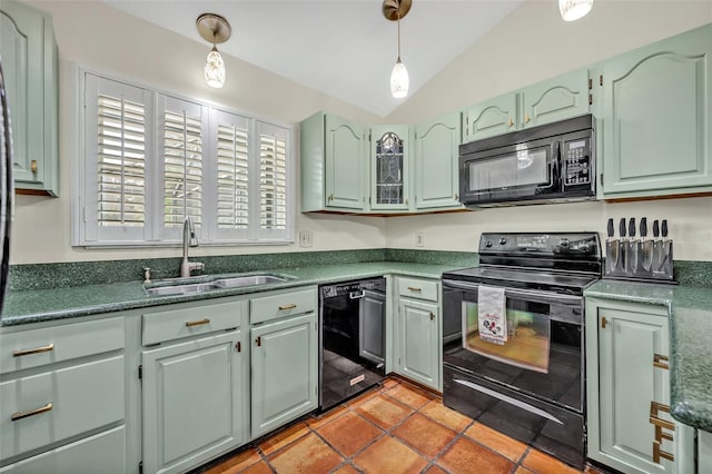 kitchen featuring pendant lighting, green cabinets, vaulted ceiling, a sink, and black appliances