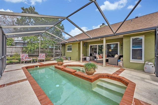 view of swimming pool with glass enclosure, a patio area, fence, and outdoor lounge area