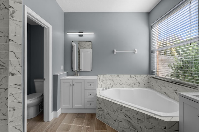 bathroom with wood tiled floor, vanity, toilet, and a bath