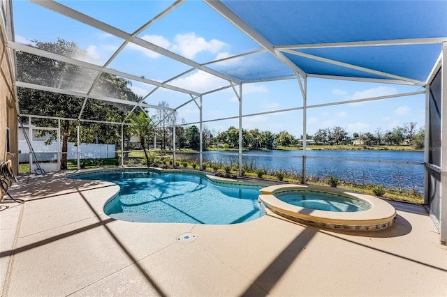 view of swimming pool with a water view, a pool with connected hot tub, a lanai, and a patio