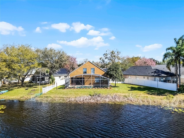 property view of water with a fenced backyard