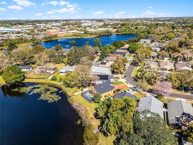 aerial view featuring a water view and a residential view