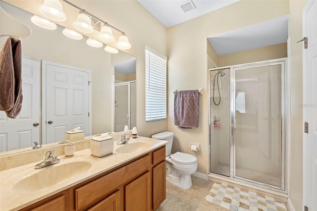 bathroom featuring visible vents, a sink, a shower stall, and toilet