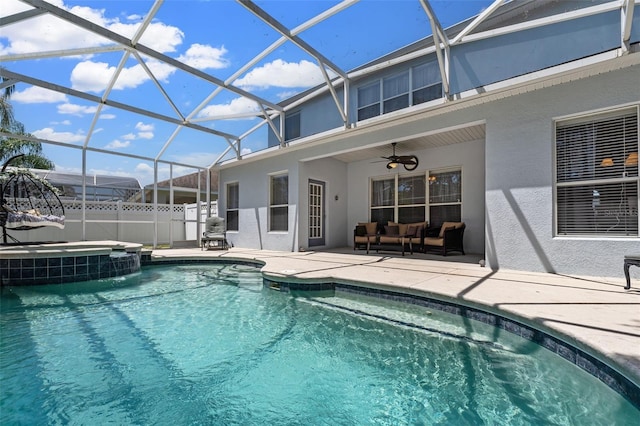 view of pool with a fenced in pool, a ceiling fan, an outdoor hangout area, an in ground hot tub, and a patio area