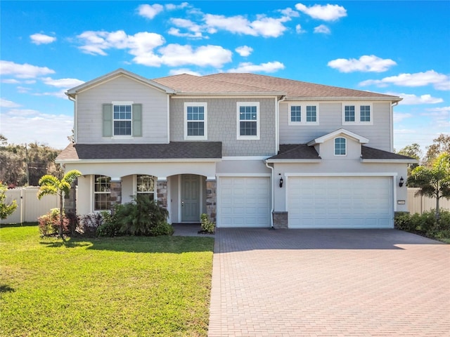 view of front of house with a garage, decorative driveway, a front yard, and fence