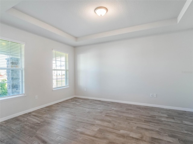 empty room with a tray ceiling, baseboards, and wood finished floors