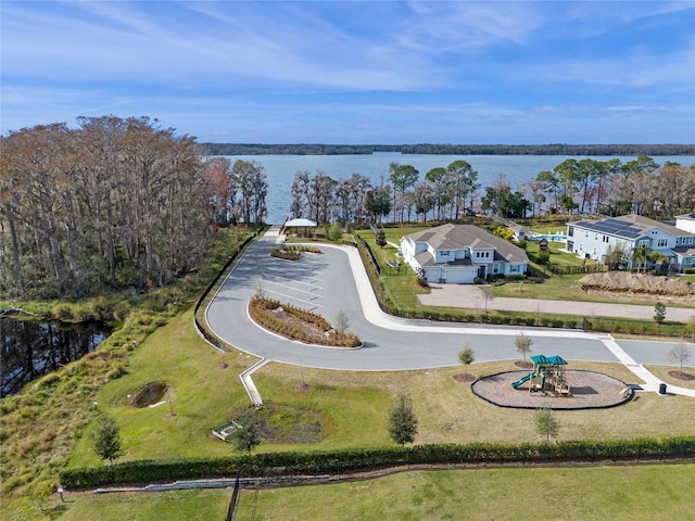 bird's eye view with a water view