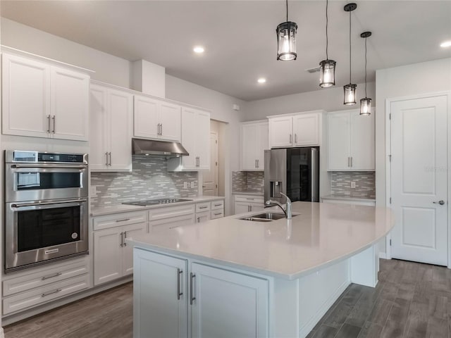 kitchen with dark wood finished floors, a sink, light countertops, appliances with stainless steel finishes, and under cabinet range hood