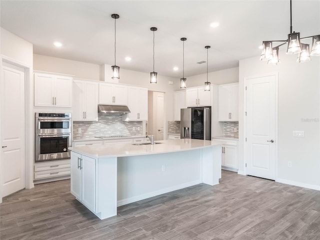 kitchen with under cabinet range hood, a sink, stainless steel appliances, light wood finished floors, and light countertops