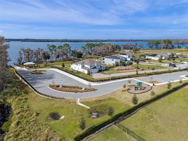 drone / aerial view with a water view