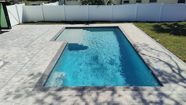 view of pool featuring a fenced in pool, a fenced backyard, and a patio area