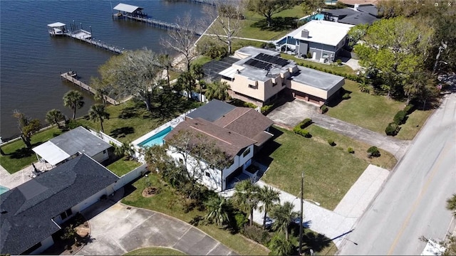 birds eye view of property featuring a water view