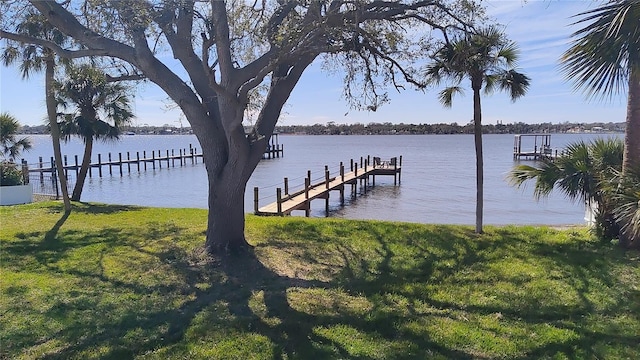 dock area featuring a yard and a water view