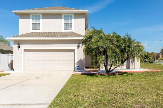 view of front facade with driveway, a shingled roof, a front lawn, and stucco siding