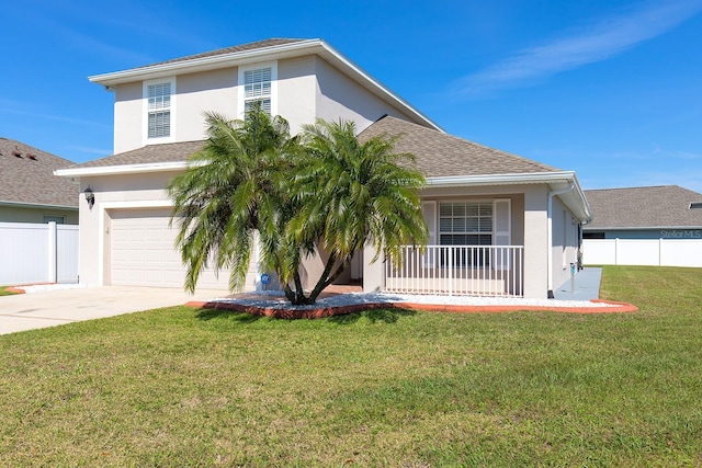 view of front of property featuring a garage, a front yard, fence, and stucco siding