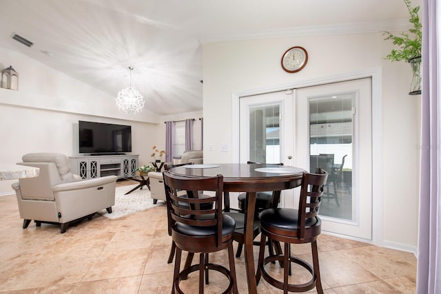 dining room with light tile patterned floors, visible vents, ornamental molding, french doors, and a notable chandelier