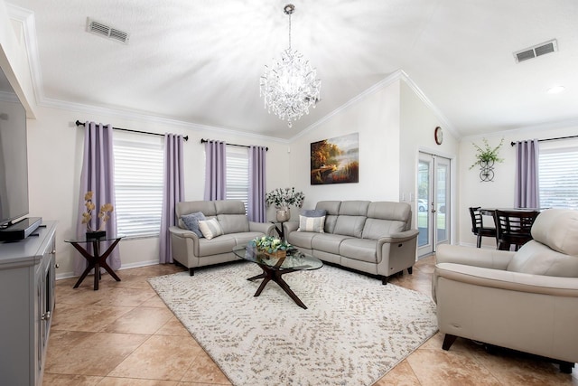 living room with crown molding, visible vents, and vaulted ceiling