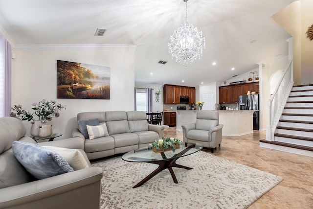 living area featuring lofted ceiling, visible vents, stairway, and a chandelier