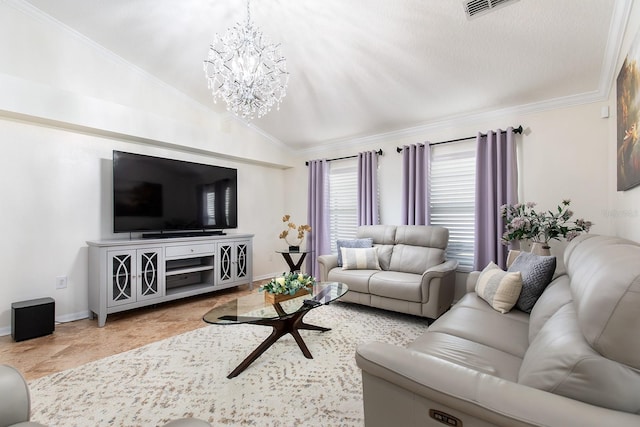 living room featuring visible vents, baseboards, ornamental molding, vaulted ceiling, and a chandelier