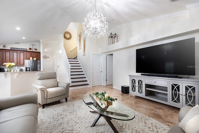 living room with arched walkways, high vaulted ceiling, a chandelier, ornamental molding, and stairway