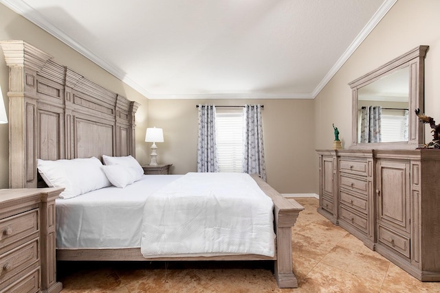 bedroom featuring multiple windows, baseboards, and crown molding