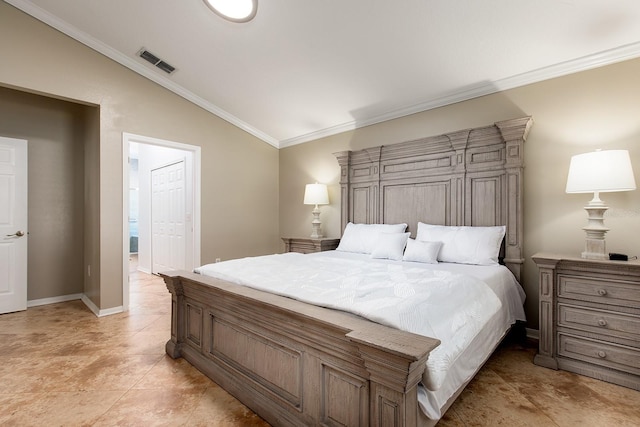 bedroom with baseboards, visible vents, vaulted ceiling, and crown molding