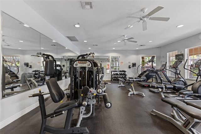 gym with recessed lighting, visible vents, baseboards, and ceiling fan