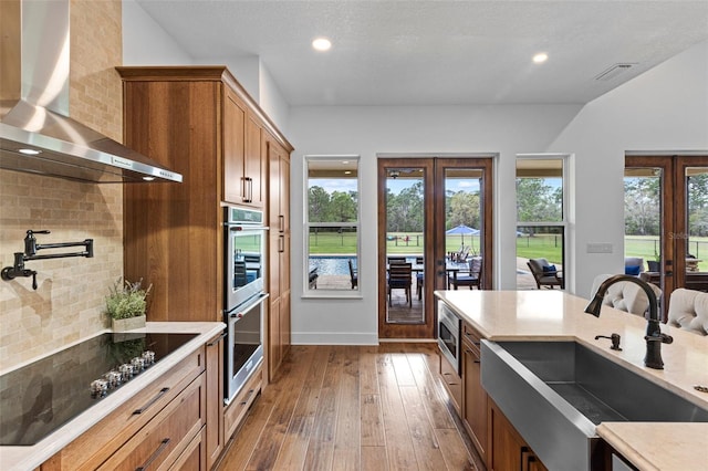 5500 State Road 33, Clermont, FL 34714 - kitchen with stainless steel appliances, a sink, french doors, wall chimney range hood, and dark wood-style floors