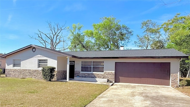 1420 Continental Dr, Daytona Beach, FL 32117 - ranch-style home featuring an attached garage, stone siding, driveway, and a front yard